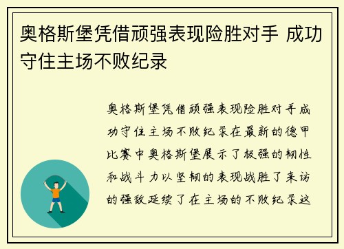 奥格斯堡凭借顽强表现险胜对手 成功守住主场不败纪录