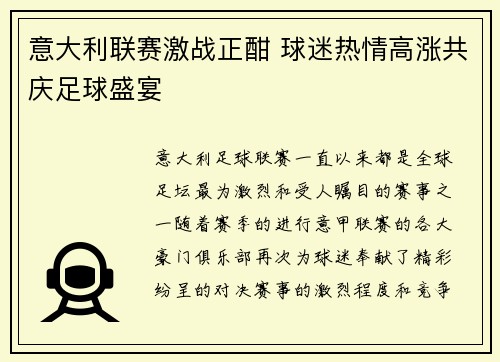 意大利联赛激战正酣 球迷热情高涨共庆足球盛宴