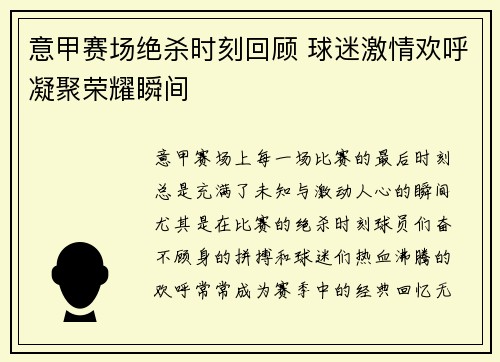 意甲赛场绝杀时刻回顾 球迷激情欢呼凝聚荣耀瞬间