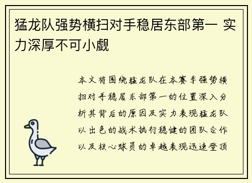 猛龙队强势横扫对手稳居东部第一 实力深厚不可小觑