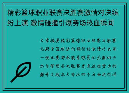 精彩篮球职业联赛决胜赛激情对决缤纷上演 激情碰撞引爆赛场热血瞬间