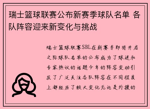 瑞士篮球联赛公布新赛季球队名单 各队阵容迎来新变化与挑战