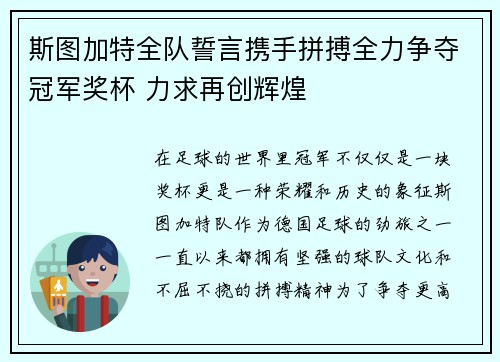 斯图加特全队誓言携手拼搏全力争夺冠军奖杯 力求再创辉煌