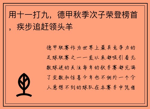 用十一打九，德甲秋季次子荣登榜首，疾步追赶领头羊