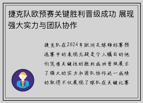 捷克队欧预赛关键胜利晋级成功 展现强大实力与团队协作