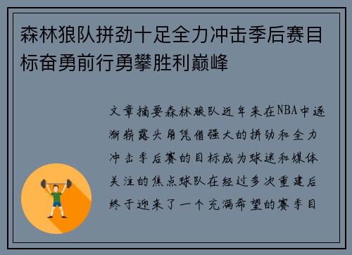 森林狼队拼劲十足全力冲击季后赛目标奋勇前行勇攀胜利巅峰