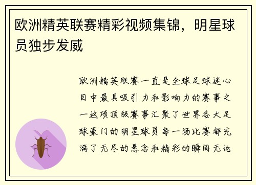 欧洲精英联赛精彩视频集锦，明星球员独步发威