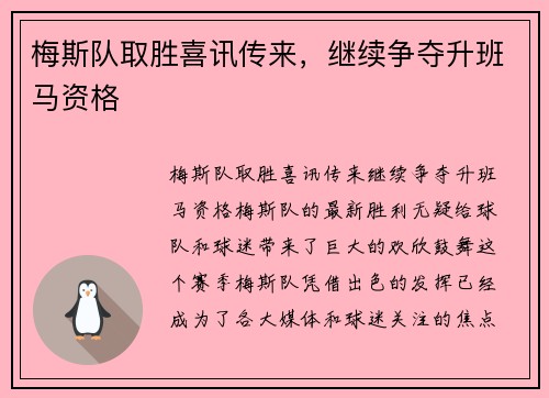 梅斯队取胜喜讯传来，继续争夺升班马资格