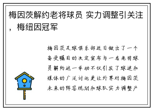 梅因茨解约老将球员 实力调整引关注，梅纽因冠军