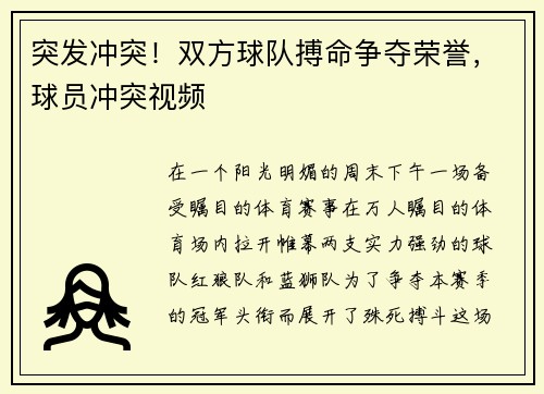 突发冲突！双方球队搏命争夺荣誉，球员冲突视频