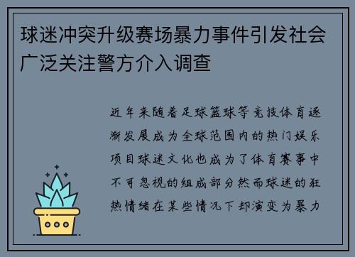 球迷冲突升级赛场暴力事件引发社会广泛关注警方介入调查