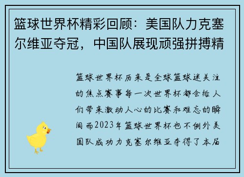 篮球世界杯精彩回顾：美国队力克塞尔维亚夺冠，中国队展现顽强拼搏精神