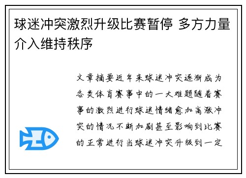 球迷冲突激烈升级比赛暂停 多方力量介入维持秩序