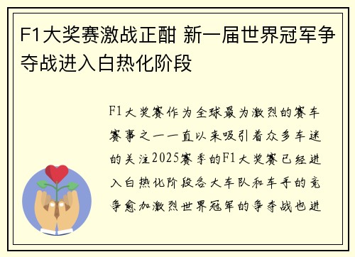 F1大奖赛激战正酣 新一届世界冠军争夺战进入白热化阶段