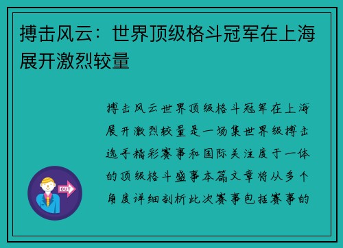 搏击风云：世界顶级格斗冠军在上海展开激烈较量